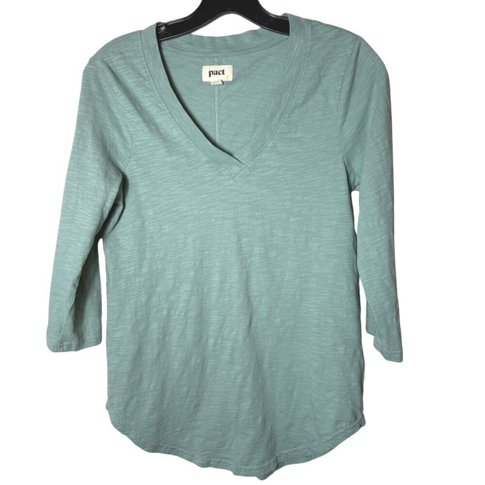 Pact XS Organic Cotton Sea Green V Neck 3/4 Sleeve Slub Top EUC Sustainable